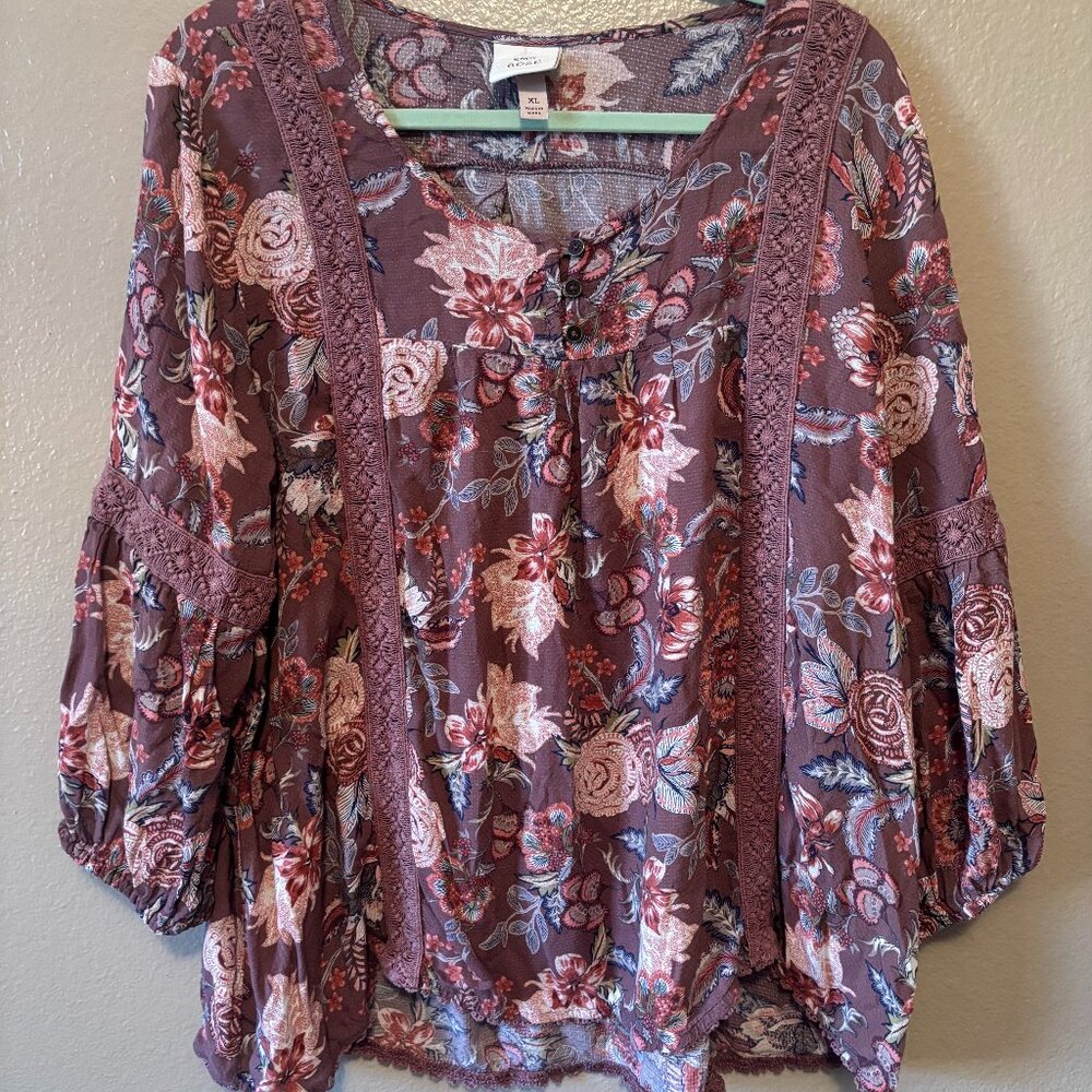 Boho Mauve Floral Blouse - Flowy 3/4 Sleeves w Elastic Wrists - Knox Rose - XL